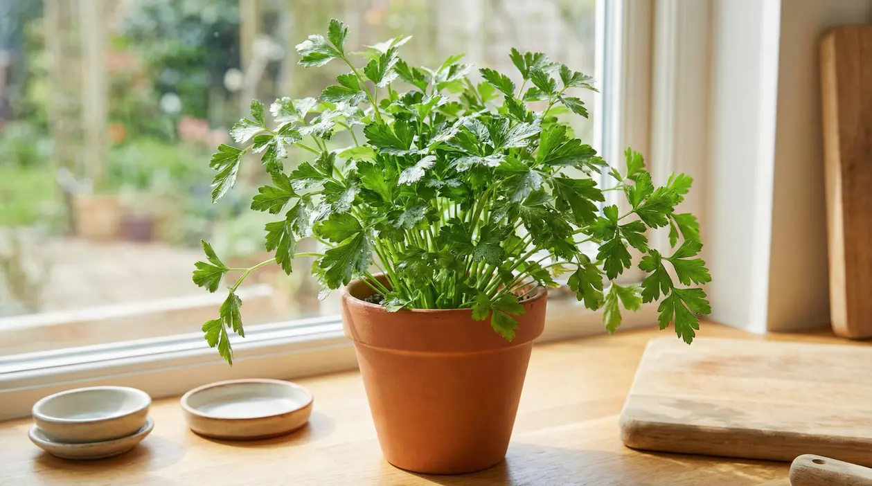 Vaso di prezzemolo fresco su un davanzale in cucina