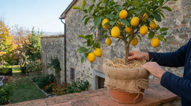 Persona che protegge un albero di limoni in vaso con paglia e juta su un muretto