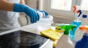 Persona con guanti versa ammoniaca in un secchio per le pulizie domestiche