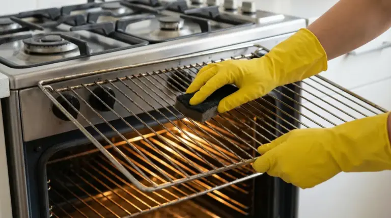 Persona con guanti gialli pulisce la griglia di un forno a gas con una spugna nera