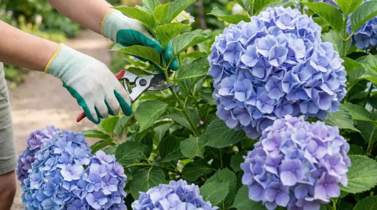 Mani con guanti da giardinaggio potano un ramo di ortensia in fiore con cesoie
