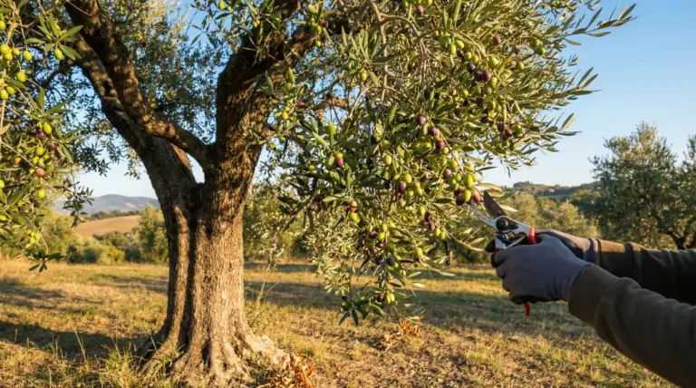 Persona con guanti pota un ramo di ulivo carico di olive in un campo soleggiato