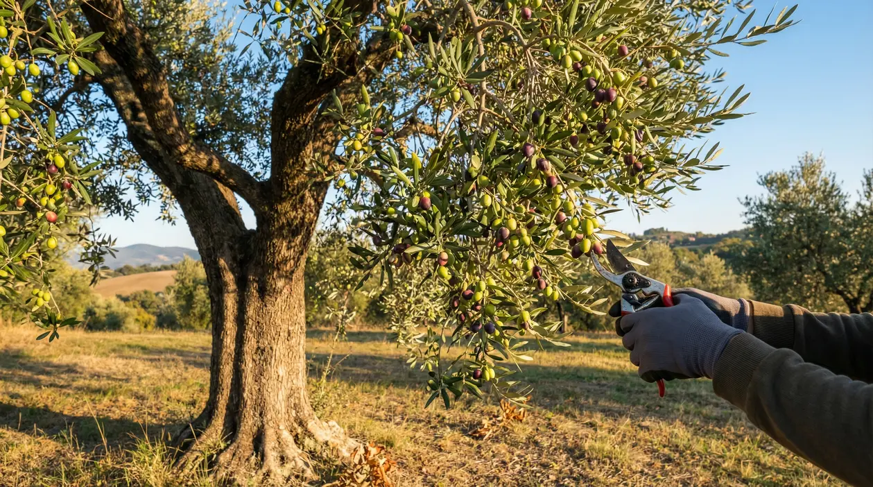 Persona con guanti pota un ramo di ulivo carico di olive in un campo soleggiato
