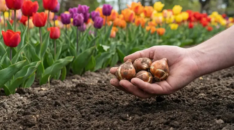 Mano che tiene bulbi di tulipano con tulipani colorati in fiore sullo sfondo
