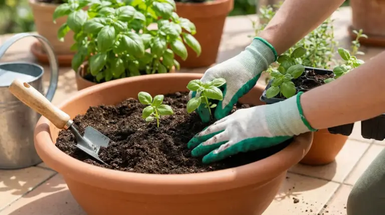 Mani con guanti da giardinaggio che piantano piantine di basilico in un vaso di terracotta