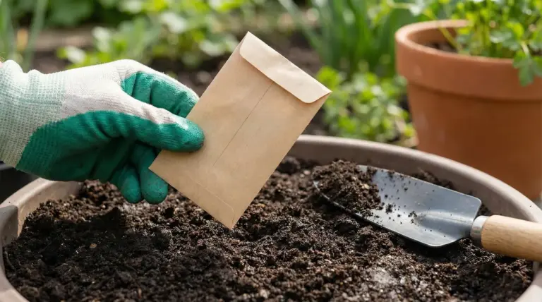Una mano con guanto da giardinaggio tiene una bustina davanti a un vaso con terra