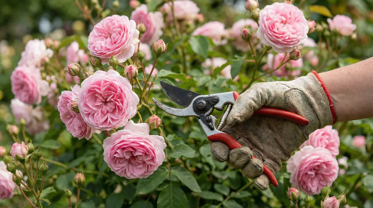 Mano con guanto da giardinaggio tiene cesoie vicino a rose rosa in fiore