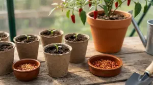 Vasetti con piantine di peperoncino e semi su un tavolo di legno in una serra
