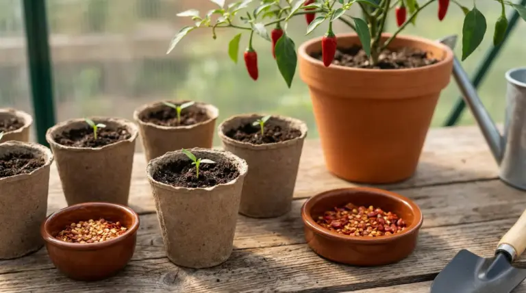 Vasetti con piantine di peperoncino e semi su un tavolo di legno in una serra