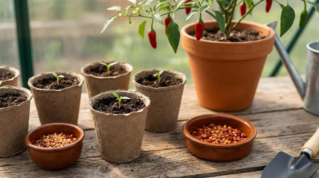 Vasetti con piantine di peperoncino e semi su un tavolo di legno in una serra