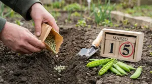 Mani che seminano piselli in un orto accanto a un calendario con la data 15 marzo