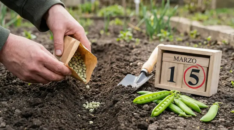 Mani che seminano piselli in un orto accanto a un calendario con la data 15 marzo