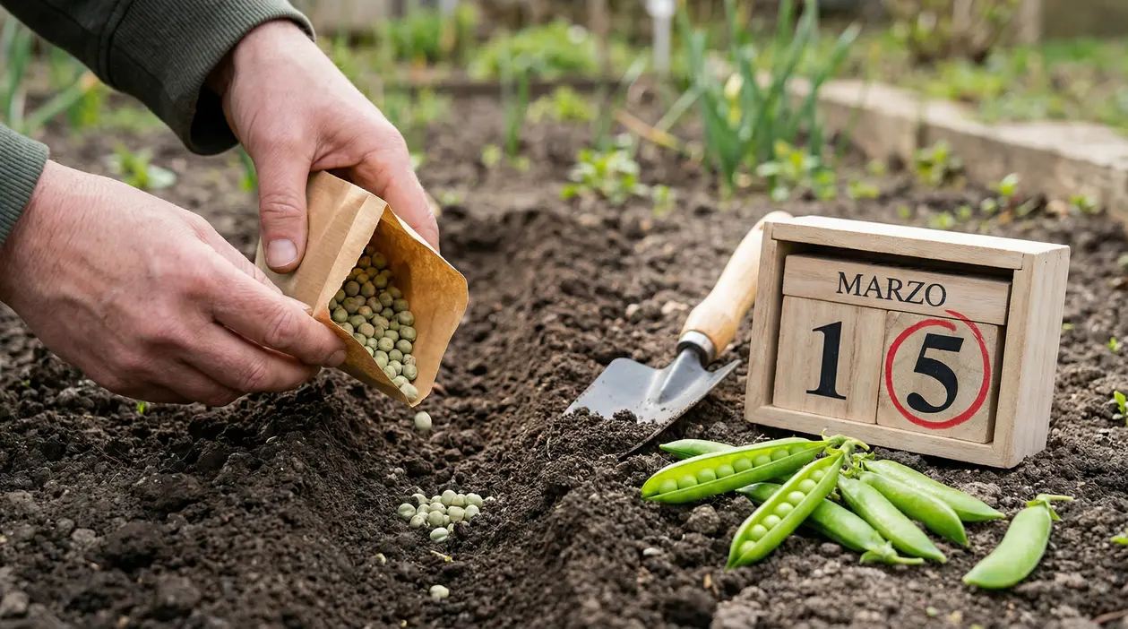 Mani che seminano piselli in un orto accanto a un calendario con la data 15 marzo