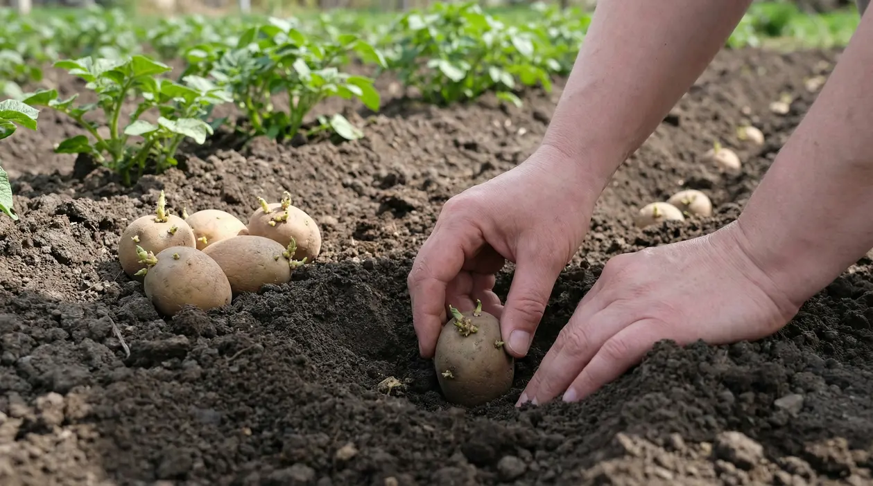 Mani che piantano una patata germogliata in un orto con file di piante verdi