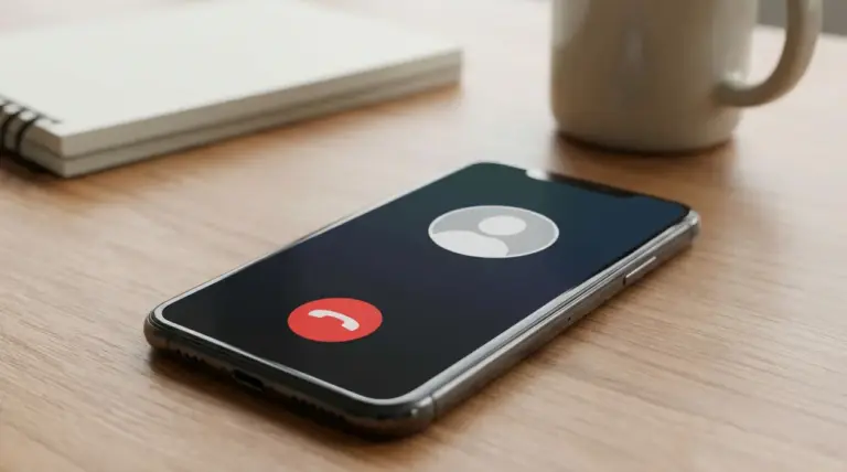 Smartphone che riceve una chiamata su una scrivania accanto a un taccuino e una tazza