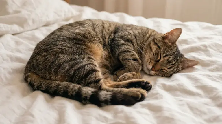 Gatto tigrato che dorme arrotolato su un letto con lenzuola bianche