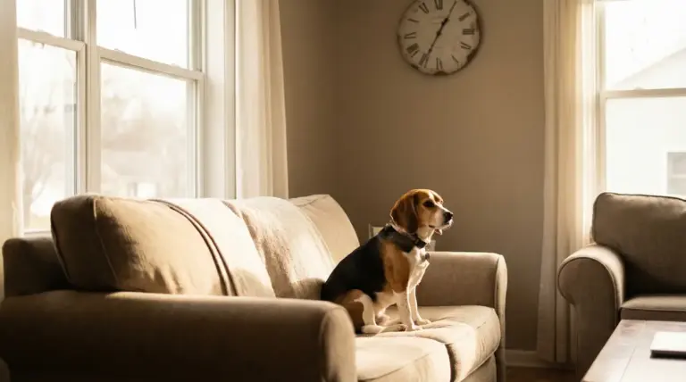 Cane da solo su un divano in una stanza illuminata dalla luce del giorno