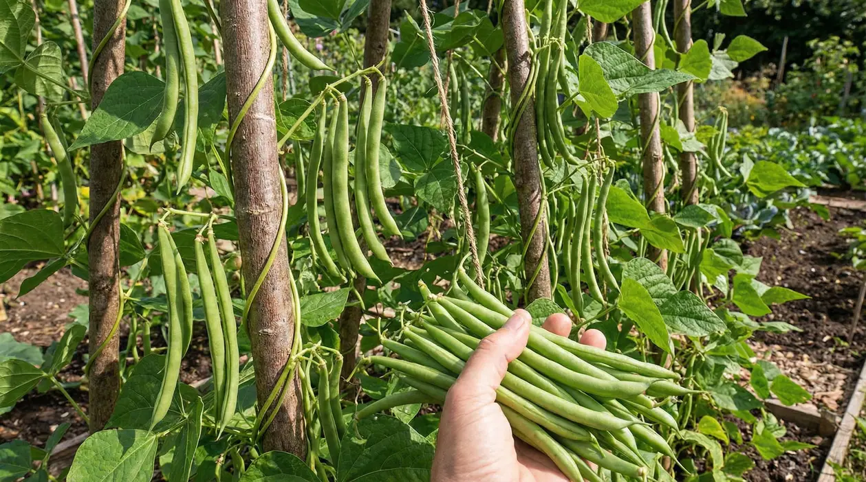 Mano che raccoglie fagiolini rampicanti maturi da piante coltivate nell'orto.