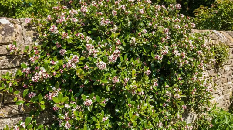 Rampicante sempreverde con fiori rosa e bianchi che cresce su un muretto di pietra in giardino