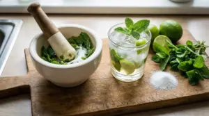 Ingredienti freschi per una ricetta con menta, zucchero e lime su un tagliere di legno
