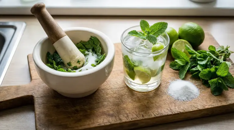 Ingredienti freschi per una ricetta con menta, zucchero e lime su un tagliere di legno