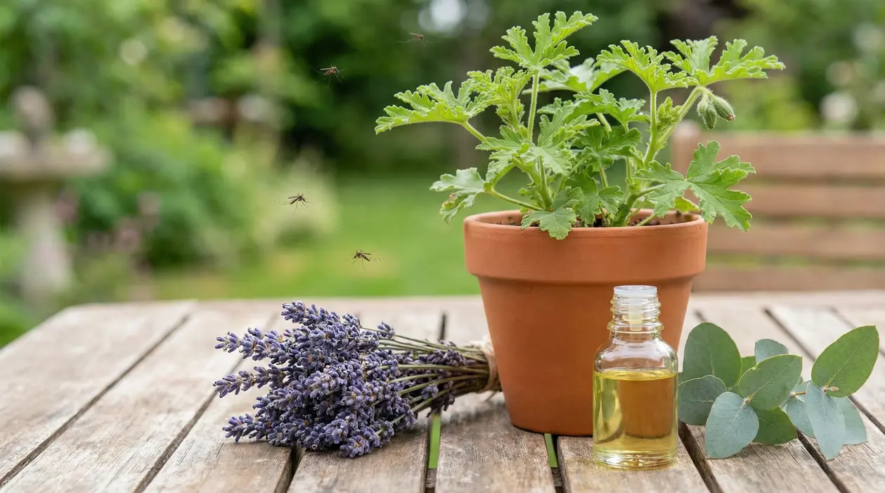 Vaso con pianta aromatica, lavanda, olio essenziale ed eucalipto su tavolo all'aperto