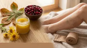 Gamba con segni di flebite accanto a rimedi naturali come crema, frutta e foglie su tavolo