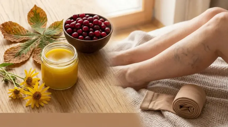 Gamba con segni di flebite accanto a rimedi naturali come crema, frutta e foglie su tavolo