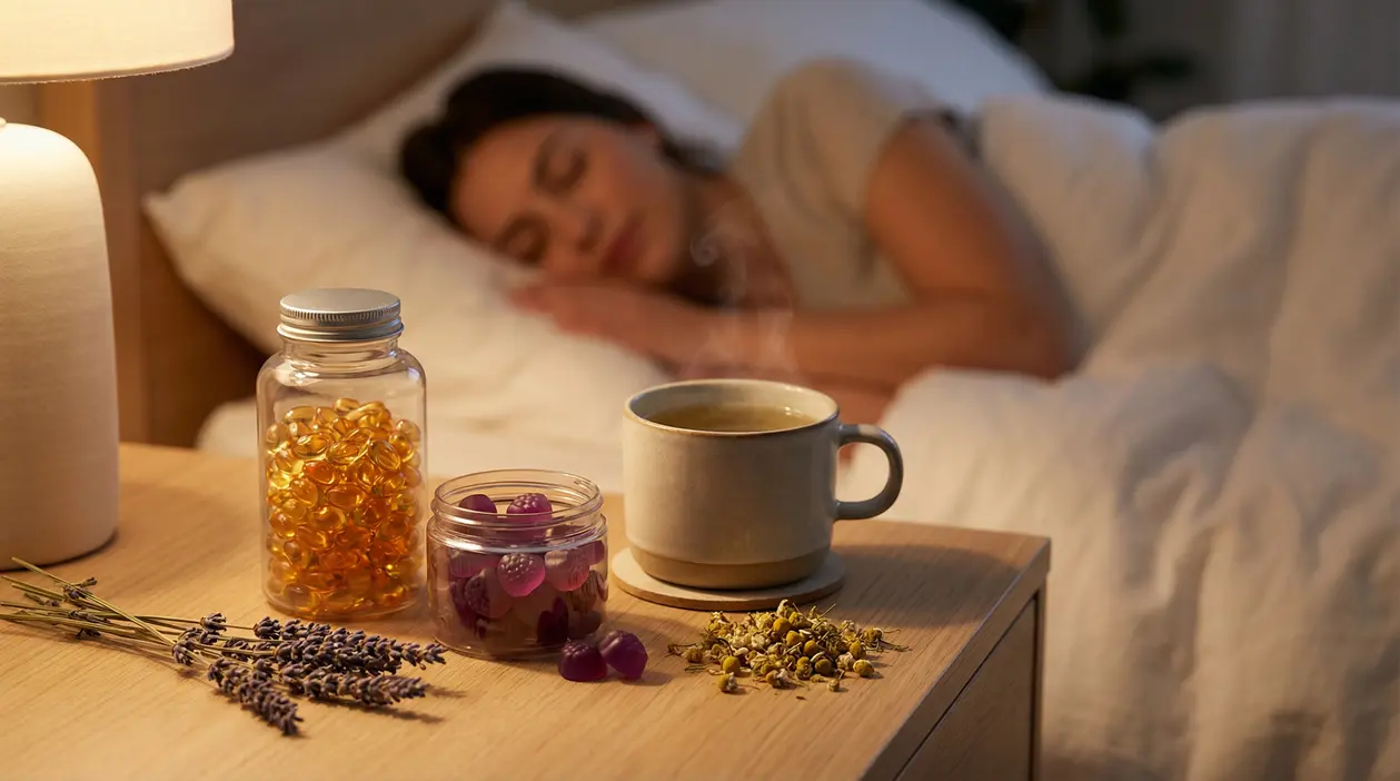 Tisana, integratori e lavanda su un comodino accanto a una persona che dorme serenamente