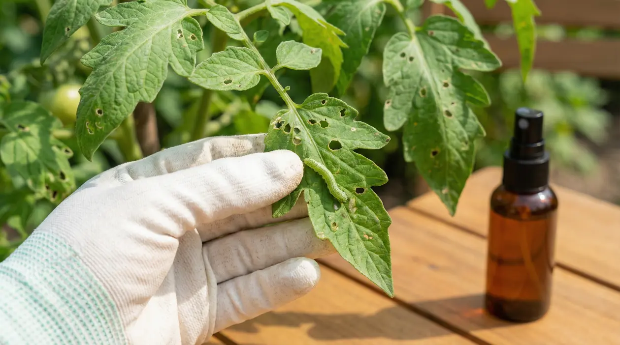 Bruchi su foglia di pomodoro danneggiata, tenuta da una mano con guanto da giardinaggio