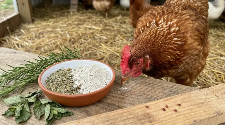 Gallina vicino a una ciotola con erbe aromatiche e polvere naturale su un tavolo di legno