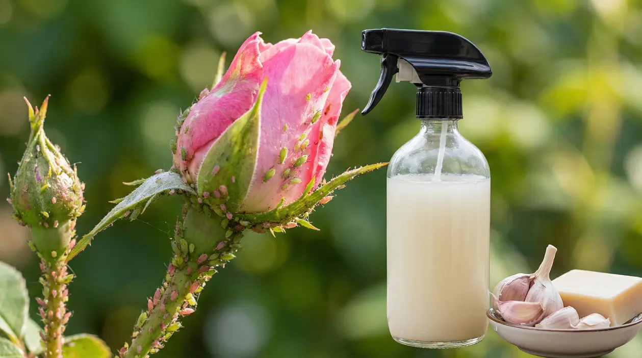 Bocciolo di rosa infestato da pidocchi accanto a uno spray naturale con aglio e sapone