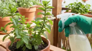 Pianta infestata da pidocchi verdi trattata con rimedio naturale su un balcone