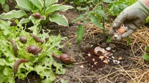 Lumache su insalata in un orto con una mano che sparge gusci d'uovo sulla terra