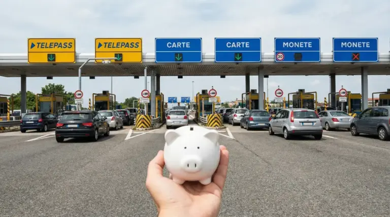 Casello autostradale italiano con auto in fila e mano che tiene un salvadanaio
