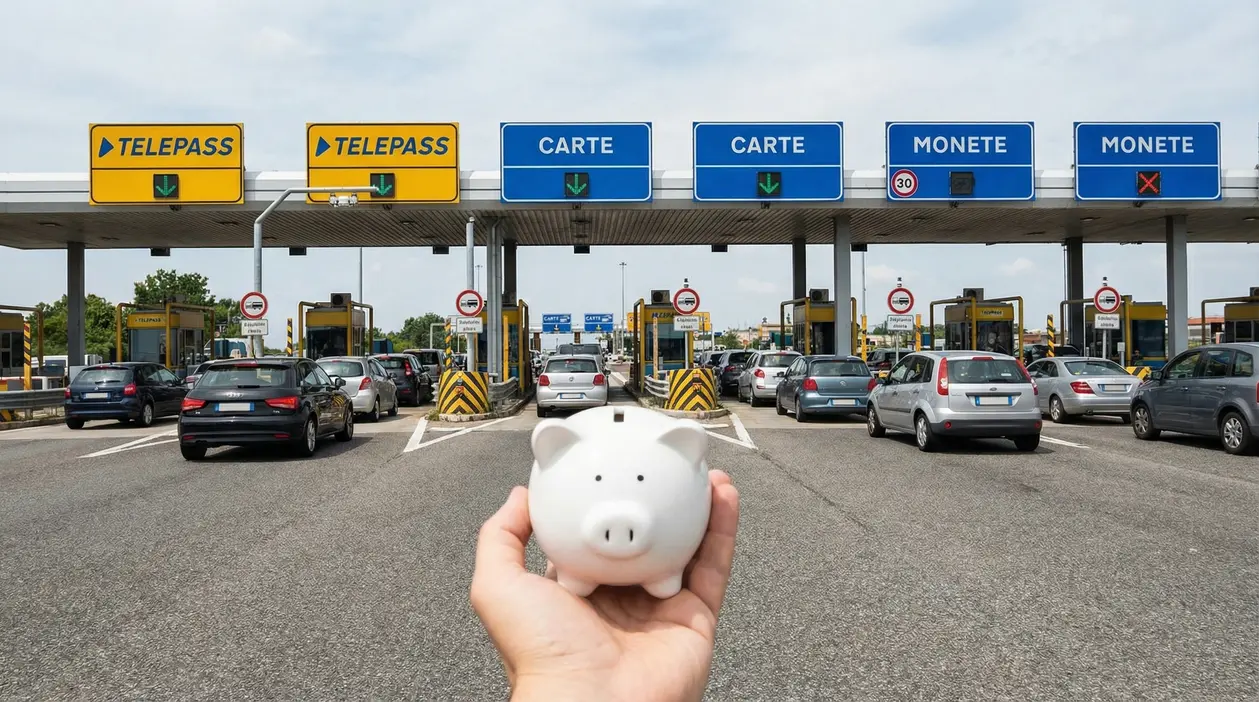 Casello autostradale italiano con auto in fila e mano che tiene un salvadanaio