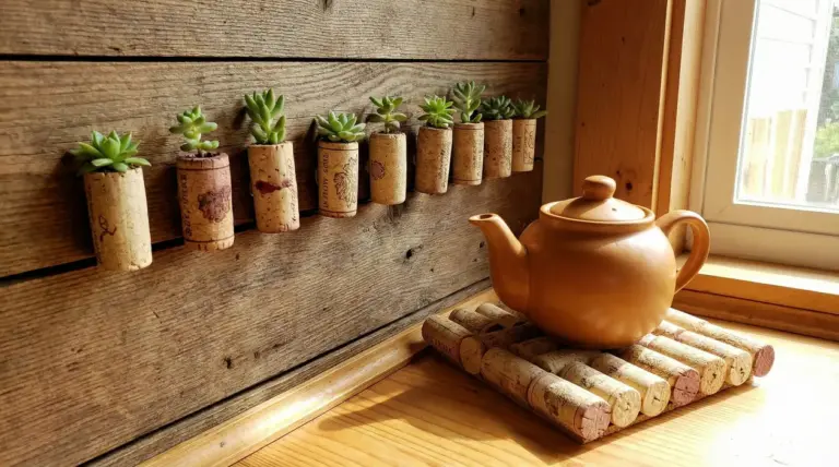 Tappi di sughero riutilizzati come portapiante e sottopentola vicino a una finestra