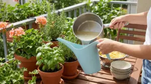 Una persona versa acqua di cottura della pasta in un annaffiatoio su un balcone con piante in vaso