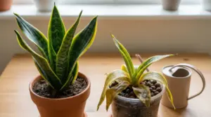 Due piante di sansevieria, una sana e una con foglie ingiallite e flosce