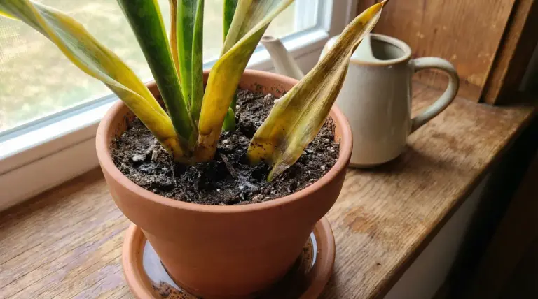 Foglie ingiallite di una sansevieria in un vaso di terracotta su un davanzale