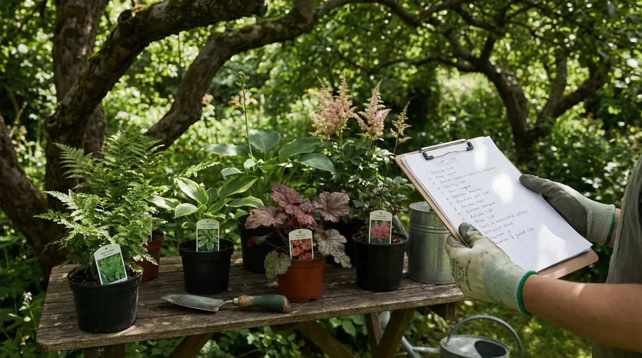 Persona con guanti da giardinaggio osserva una lista accanto a vasi di piante da ombra in un giardino ombreggiato