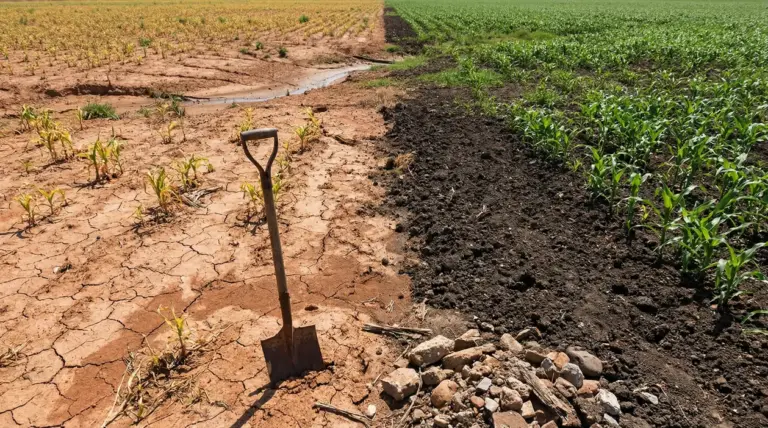 Contrasto tra terreno arido e terreno fertile con coltivazioni di mais e una pala infissa nel terreno