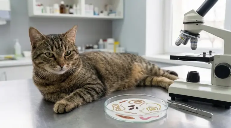 Gatto disteso su un tavolo veterinario accanto a un microscopio e una capsula con parassiti