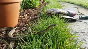 Serpente tra l'erba vicino a un vaso e attrezzi da giardinaggio