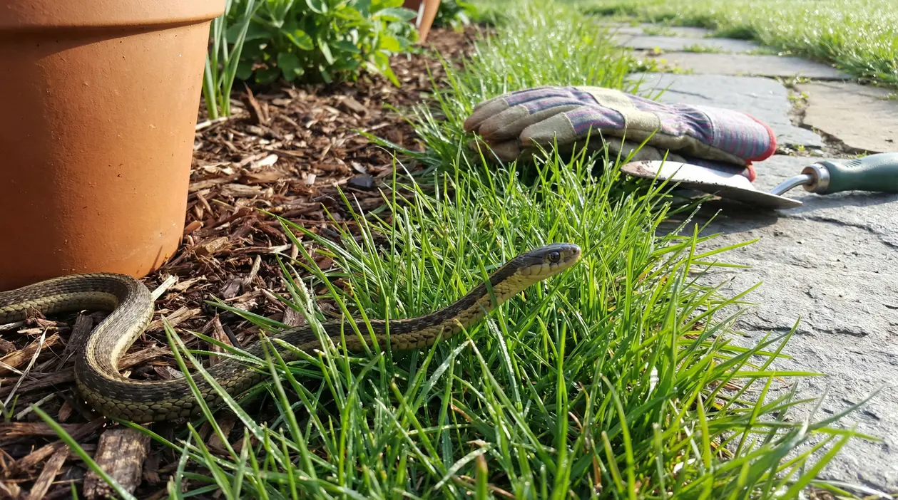 Serpente tra l'erba vicino a un vaso e attrezzi da giardinaggio