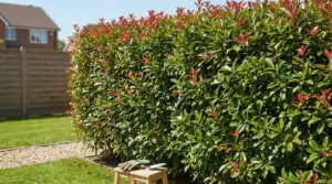 Siepe verde con nuove foglie rosso acceso in un giardino residenziale.