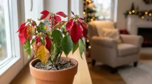 Pianta di stella di Natale con foglie appassite in un vaso su un davanzale