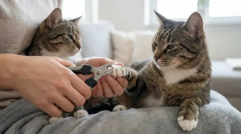 Persona che taglia le unghie a un gatto mentre un altro gatto osserva