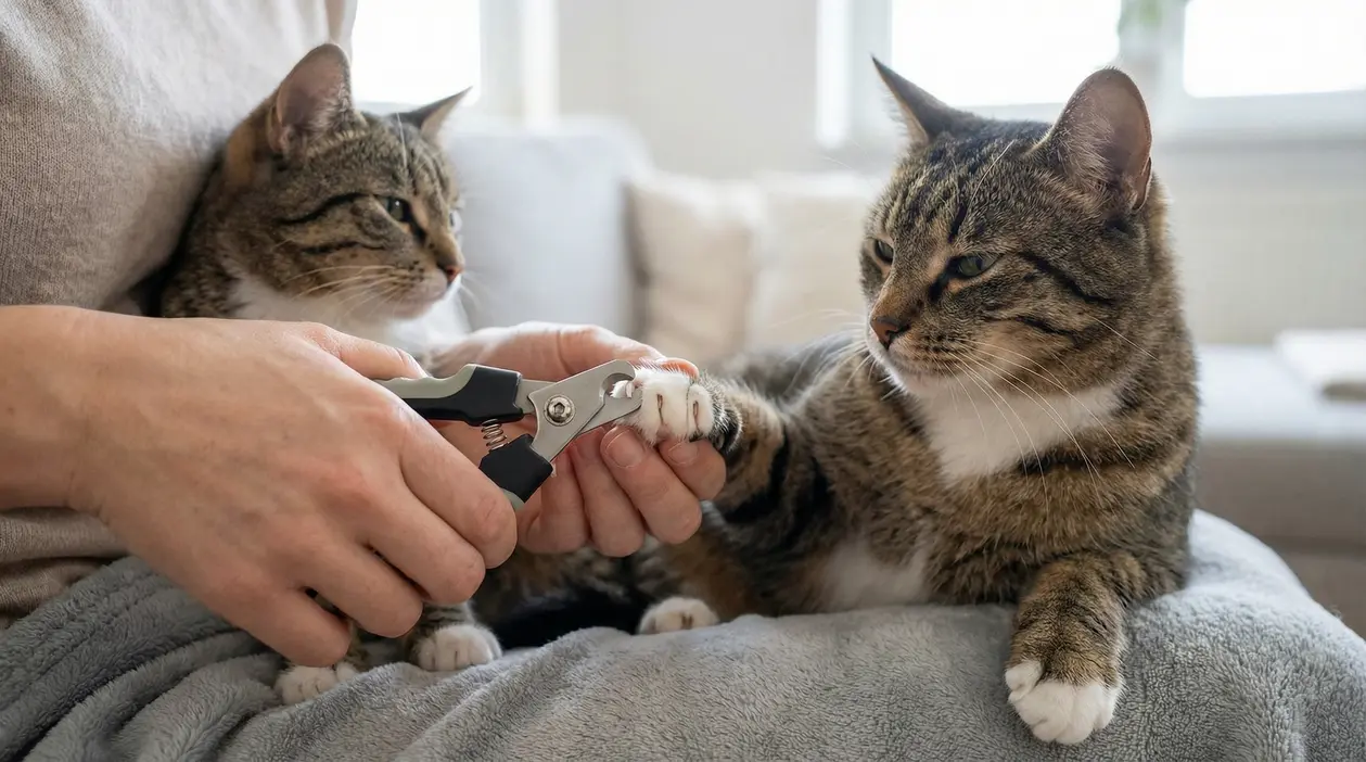 Persona che taglia le unghie a un gatto mentre un altro gatto osserva