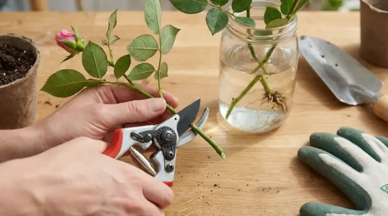 Mani che tagliano un ramo di rosa per fare una talea su un tavolo da giardinaggio
